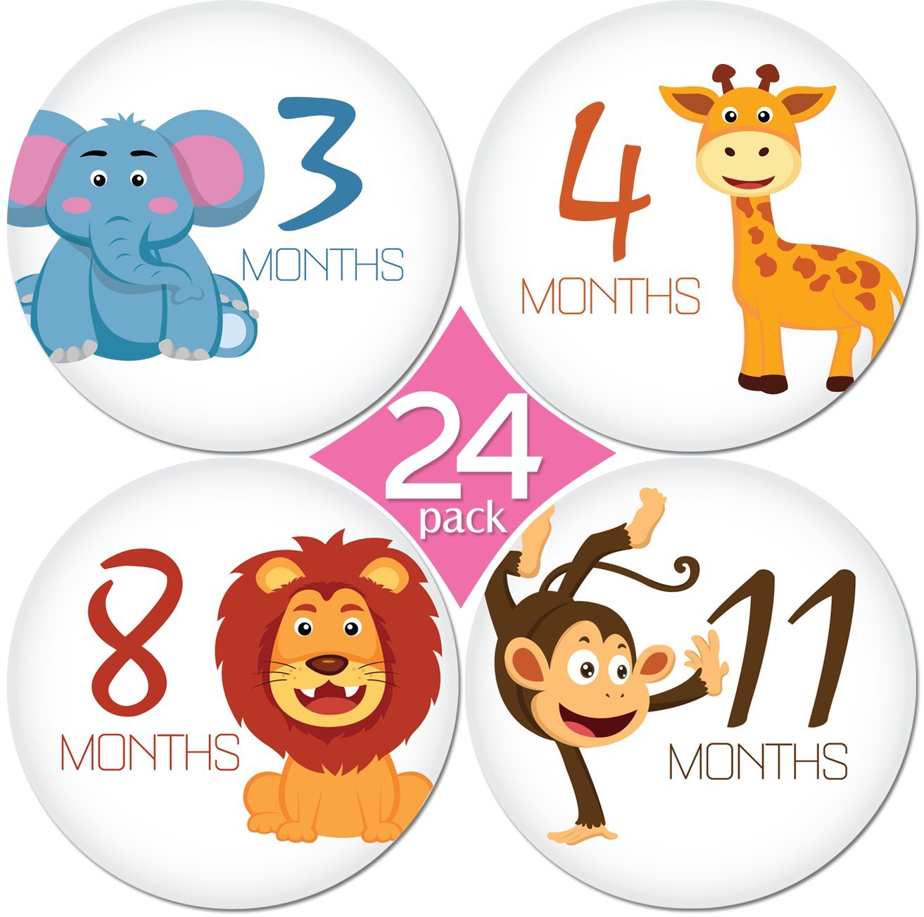 Set of 24 baby milestone stickers featuring cute animals for months 3, 4, 8, and 11.