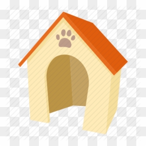 Cartoon-style doghouse with orange roof and paw print on front wall.