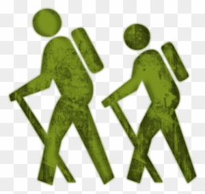 Two green silhouetted hikers with backpacks and walking sticks, stylized with textured overlay.