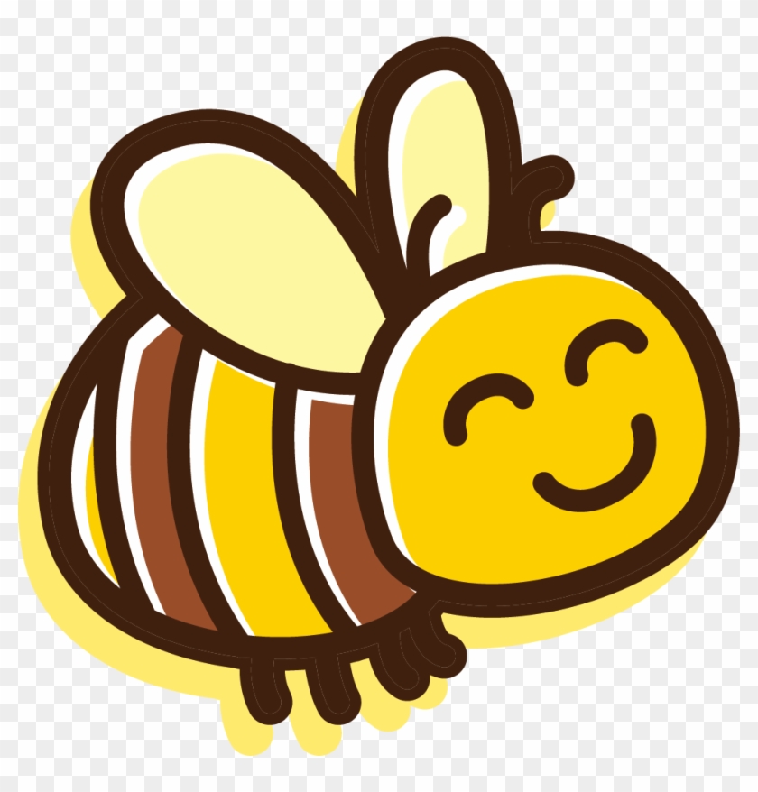 Cheerful cartoon bee with yellow and brown stripes, smiling face, and translucent wings on transparent background.