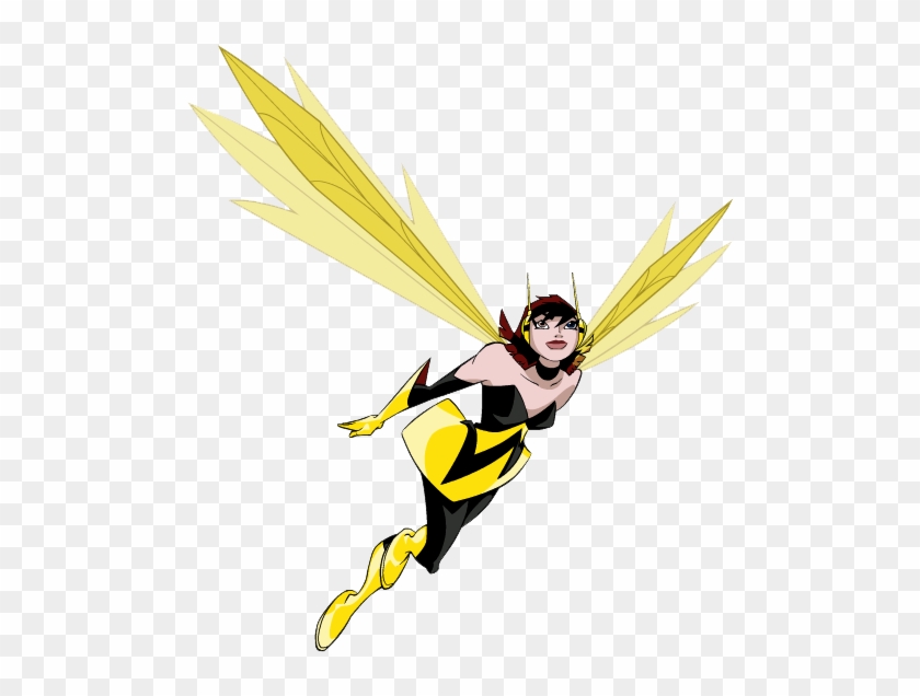 A female superhero with yellow wings and a black-and-yellow suit flying dynamically against a transparent background.