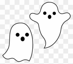 Two simple cartoon ghosts with round eyes and floating shapes on transparent background.