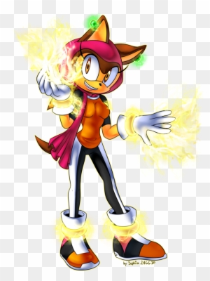 A stylized anthropomorphic fox character with glowing yellow energy effects, wearing a red hood, orange top, and futuristic boots.