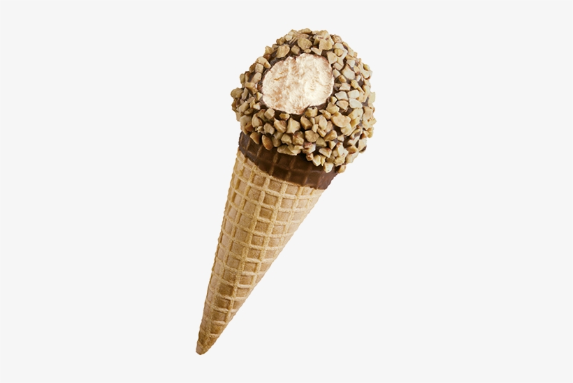 Waffle cone with chocolate-dipped rim, topped with chopped nuts and a golden foil-wrapped center.