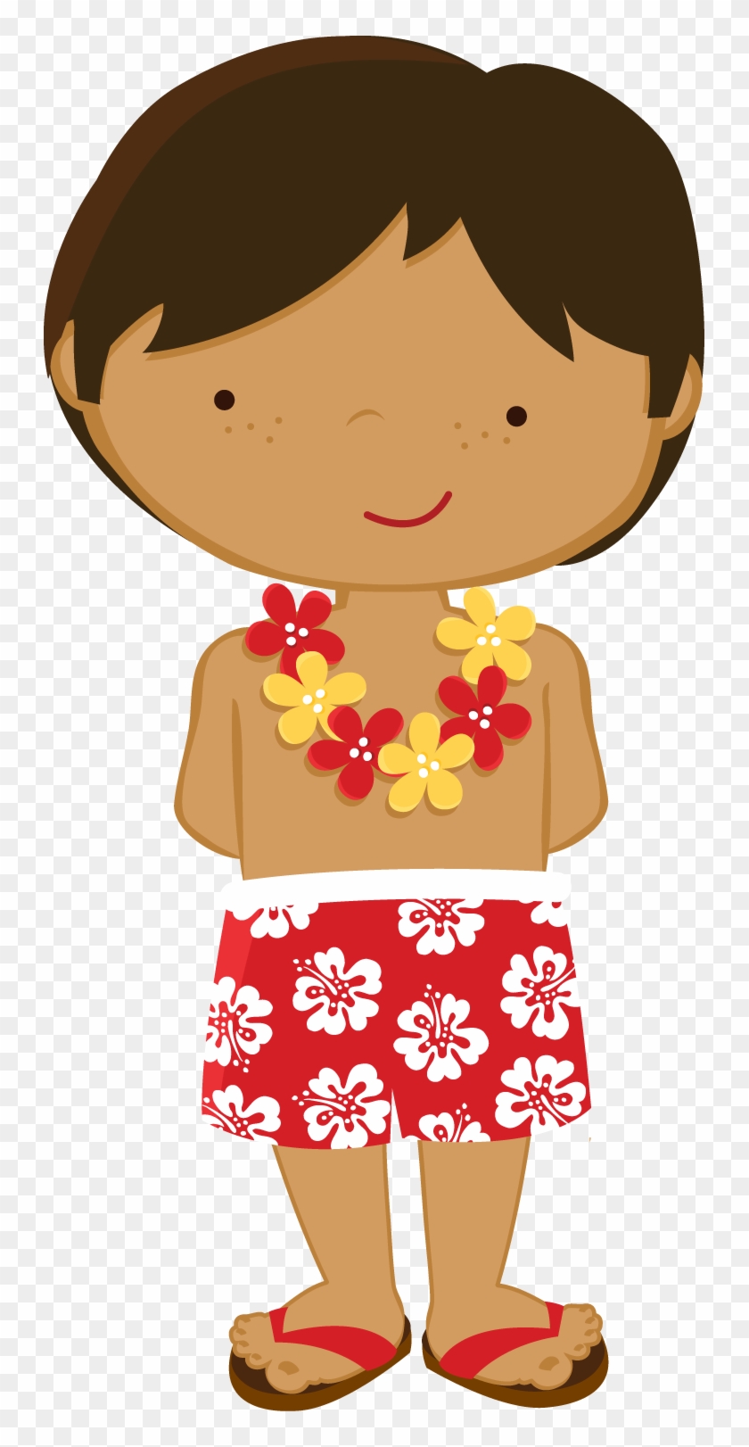 Smiling cartoon boy in red floral swim trunks, yellow and red lei, and flip-flops.