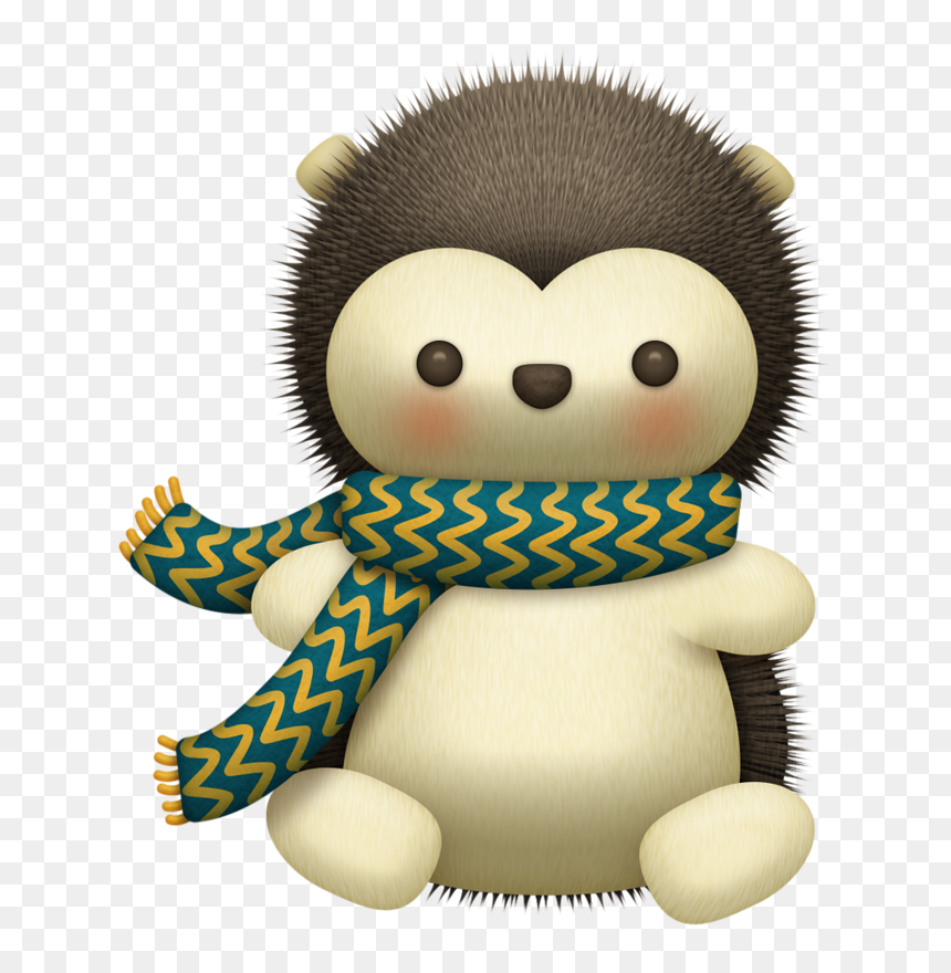 Cute cartoon hedgehog wearing a blue and yellow zigzag scarf, sitting with a friendly expression.