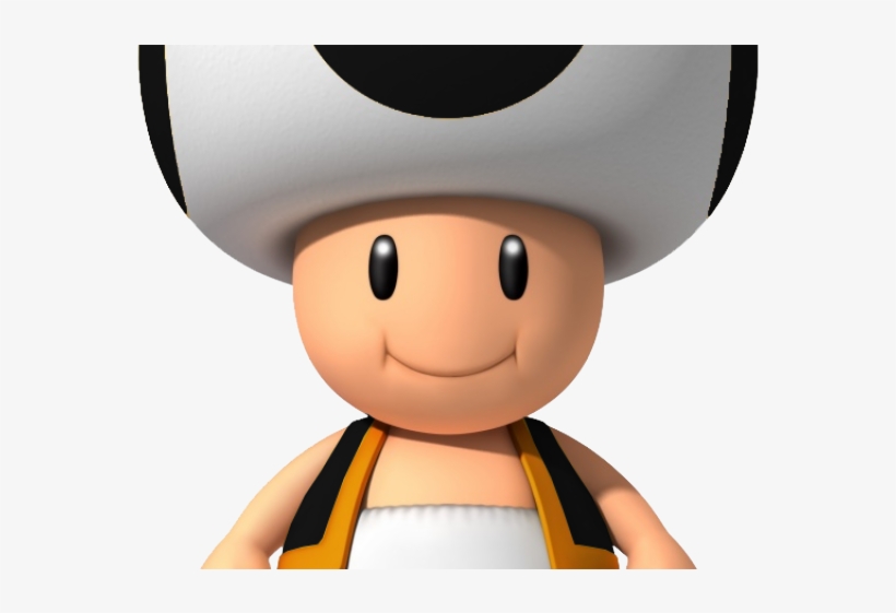 Toad from Nintendo's Mario series, wearing a white mushroom cap with black spots and an orange-and-black vest over a white shirt.