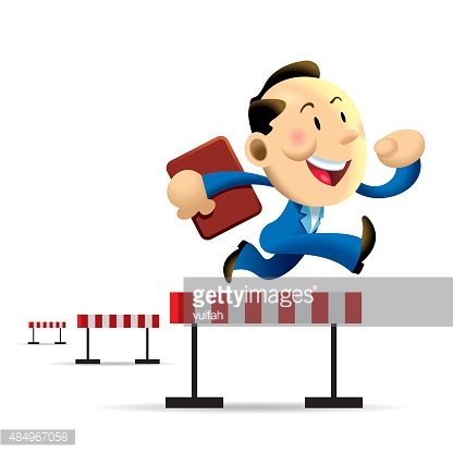Cheerful businessman in suit leaping over hurdles while holding a red folder, symbolizing overcoming business challenges.