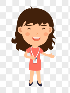 Smiling cartoon woman in red dress with ID badge, gesturing warmly.