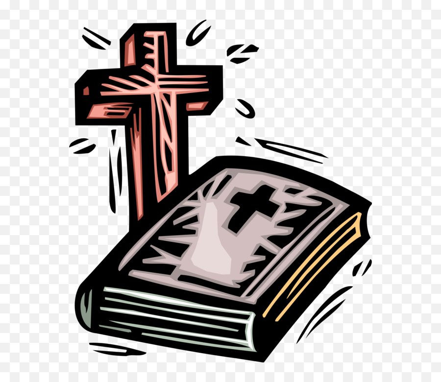 A wooden cross standing behind an open Bible with a cross emblem on its cover, illustrated in bold cartoon style with motion lines.
