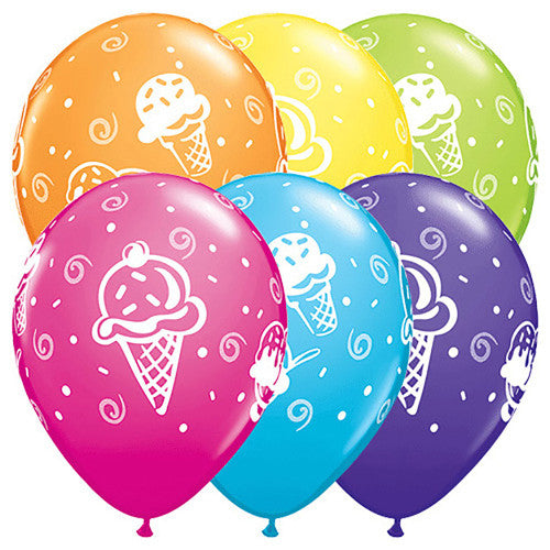Six colorful balloons with white ice cream cone patterns and swirls, arranged in a festive cluster.