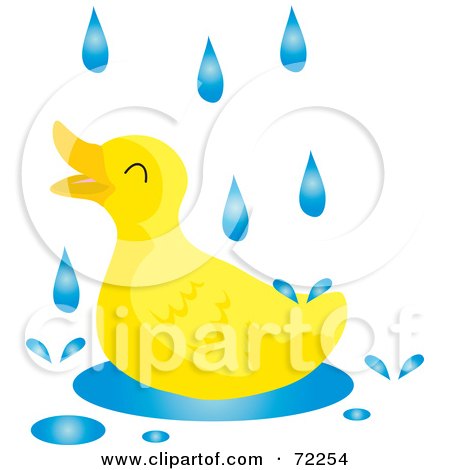 Yellow rubber duck joyfully splashing in water under falling raindrops, cartoon style illustration.