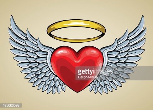 Angelic red heart with silver wings and golden halo on beige background