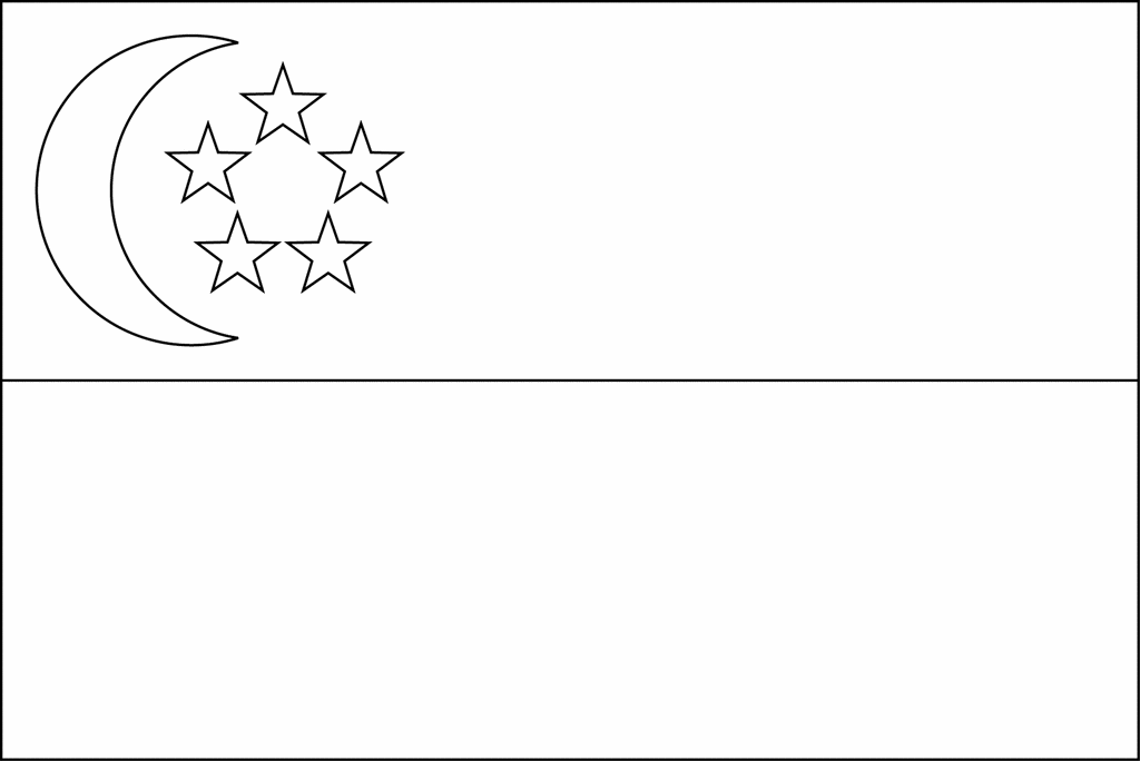 Outline of the national flag of Singapore, featuring a crescent moon and five stars on a white upper stripe, red lower stripe.