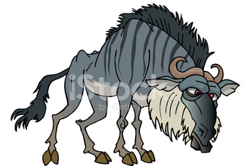 Cartoon illustration of a blue-gray wildebeest with shaggy mane, curved horns, and white beard, standing in profile.