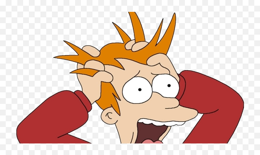 Futurama’s Fry with spiky orange hair, wide eyes, and hands on head in panic or shock.