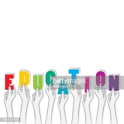 Hands holding colorful letters spelling "EDUCATION" against white background.