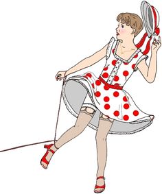 Vintage-style woman in red polka-dot dress holding a striped hat, mid-twirl with playful pose and red sandals.