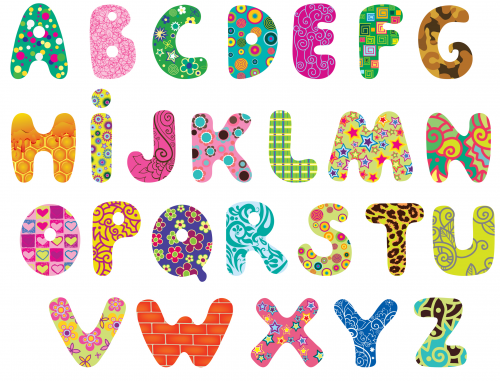 Colorful, patterned uppercase alphabet letters A-Z with floral, geometric, and animal print designs.