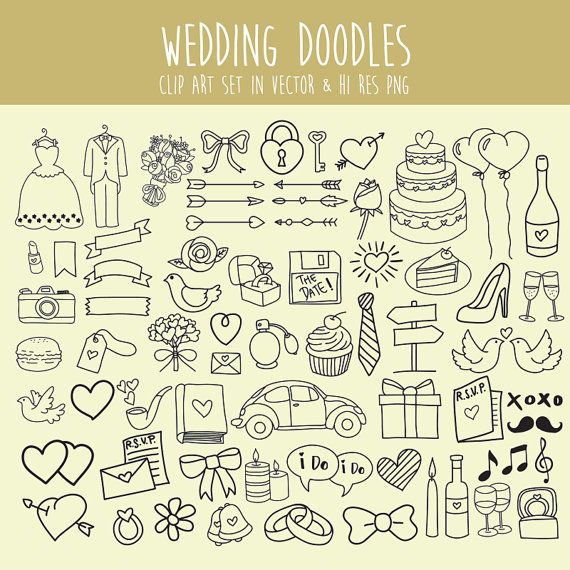 Hand-drawn wedding-themed doodle clip art set including dress, cake, rings, hearts, and more in vector and PNG formats.