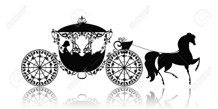 Silhouette of an ornate horse-drawn carriage with a princess inside, elegant wheels and reflection below.