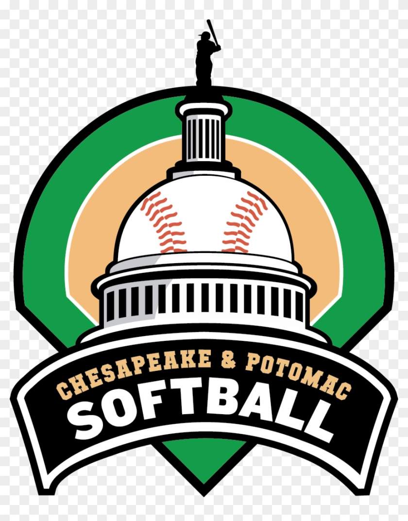 Chesapeake & Potomac Softball logo featuring a baseball-shaped Capitol dome with a batter silhouette atop, framed in green and gold.