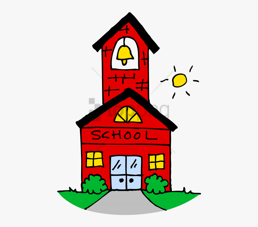 Colorful cartoon red schoolhouse with bell tower, sun, and green bushes.