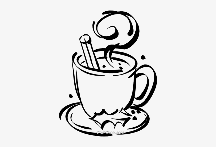 A steaming mug of hot beverage with a cinnamon stick, served on a saucer with decorative swirls and splashes.