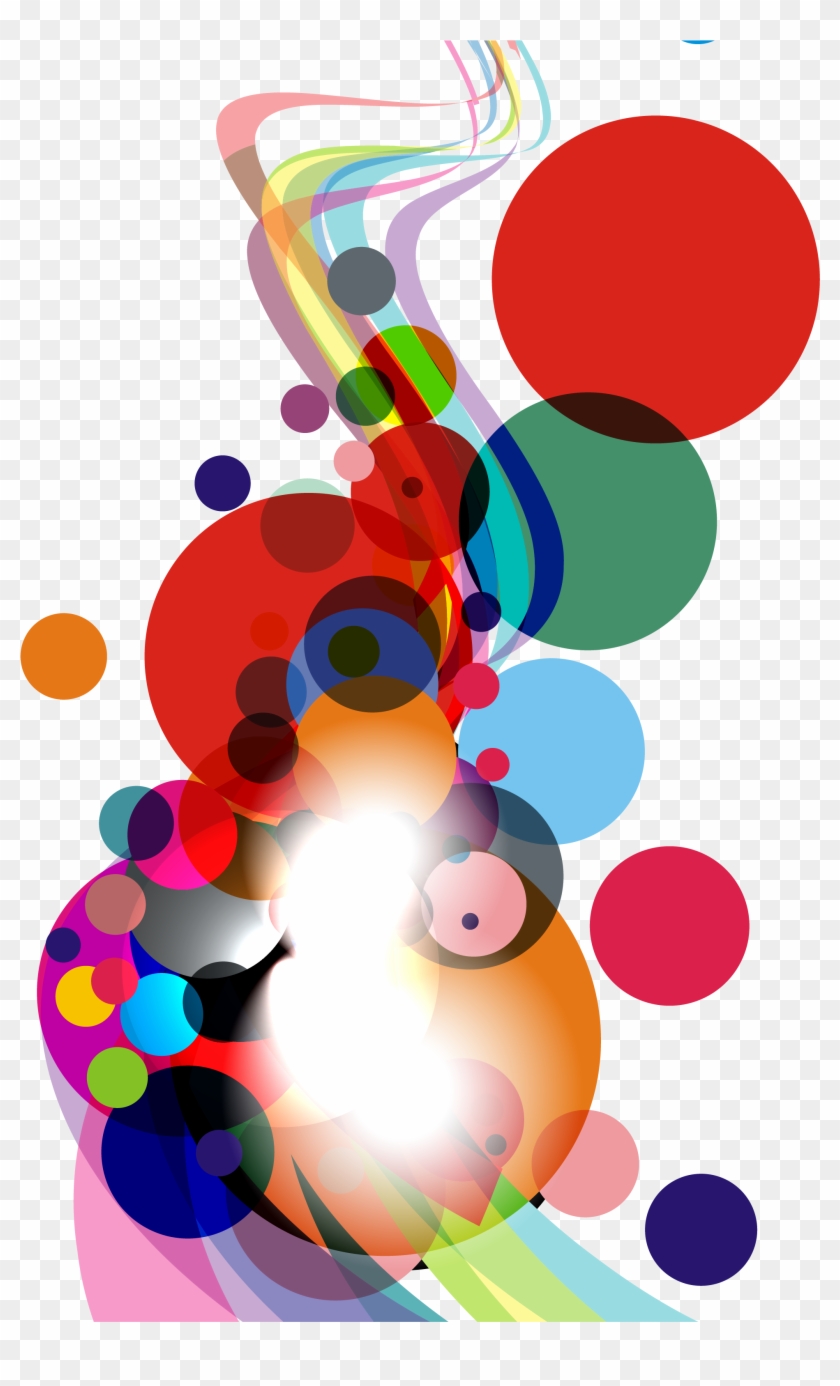 Vibrant abstract composition of overlapping colorful circles and flowing ribbons on transparent background.