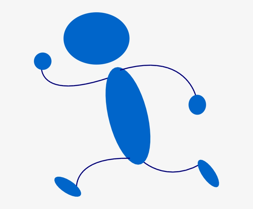 Blue minimalist stick figure in mid-run, conveying motion and activity.