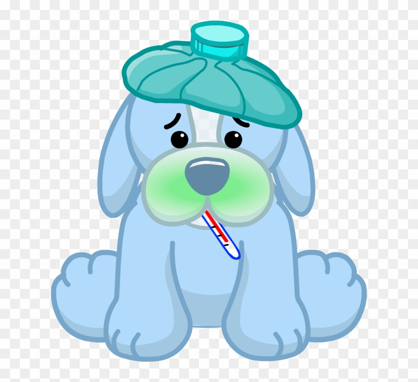 Sad cartoon puppy with ice pack on head, thermometer in mouth, green nose-depicting illness or fever.