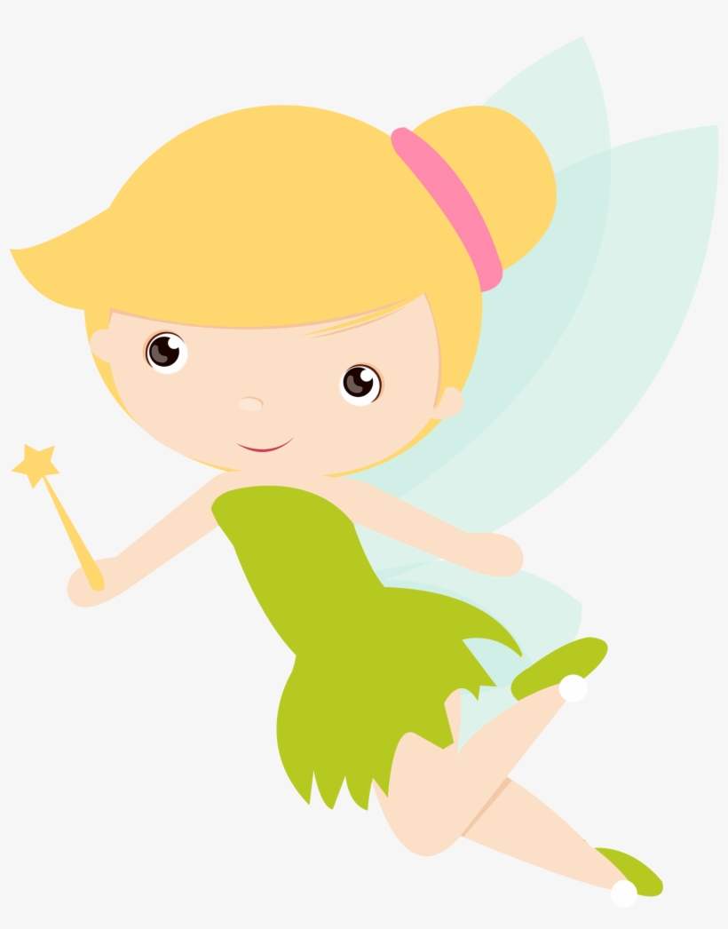 Charming cartoon fairy with blonde hair, green dress, translucent wings, and a star-tipped wand flying joyfully.