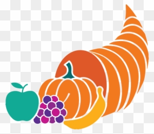 Cornucopia overflowing with autumn harvest-pumpkin, grapes, apple, banana-symbolizing abundance and Thanksgiving.