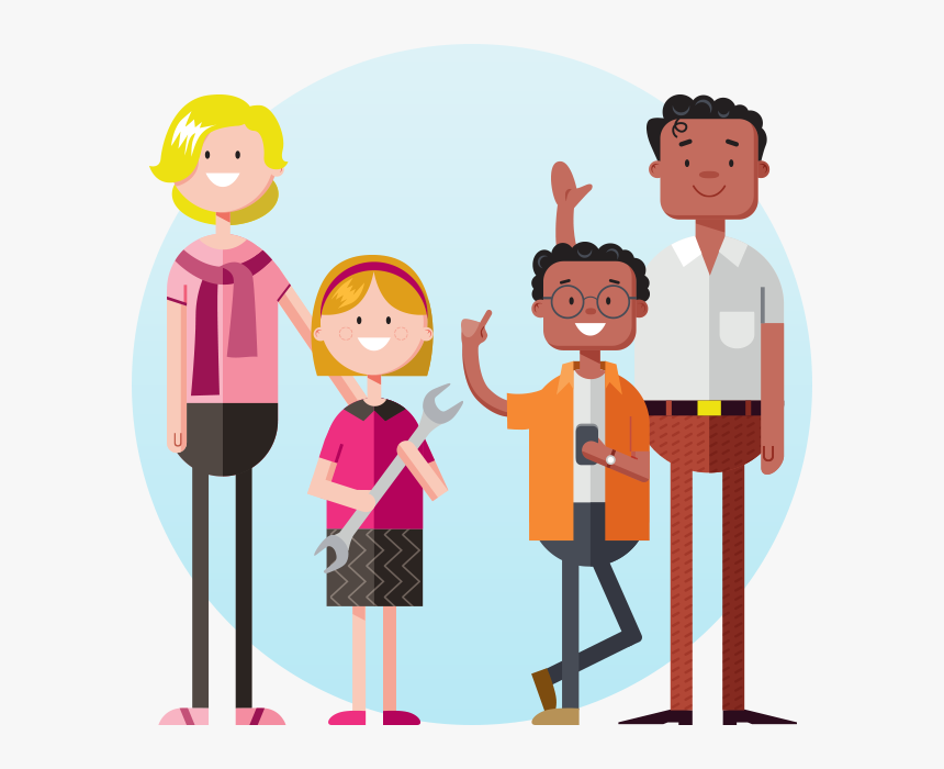 Diverse group of four smiling people-two adults and two children-posing together with tools and friendly gestures against a light blue circle.