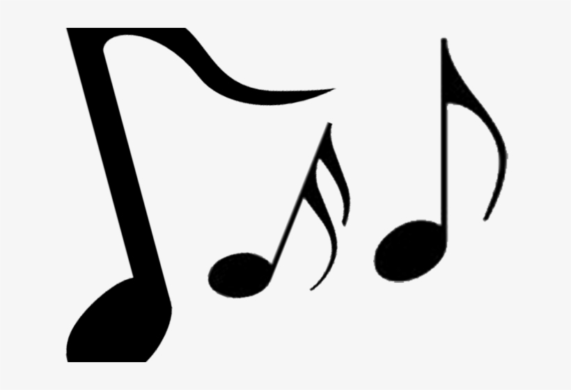 Black musical notes including a sixteenth note, eighth note, and quarter note on a white background.