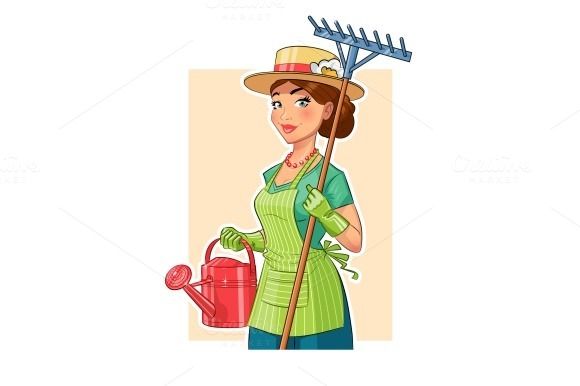 Smiling woman gardener in apron holding watering can and rake, wearing straw hat and green gloves.