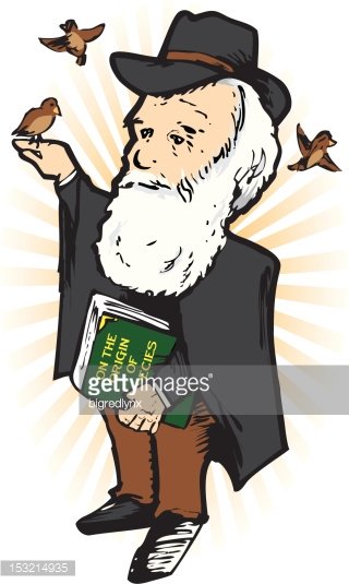 Caricature of Charles Darwin holding "On the Origin of Species" with birds perched and flying around him.