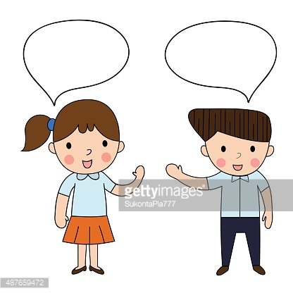 Two smiling cartoon children with speech bubbles, gesturing as if in friendly conversation.