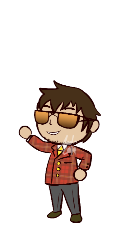 Chibi-style cartoon man in red plaid jacket, sunglasses, and gray pants waving cheerfully.