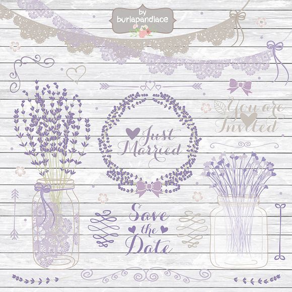 Lavender-themed wedding invitation graphic with "Just Married", "Save the Date", and floral mason jar illustrations on rustic wood background.