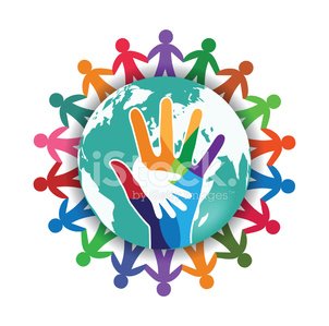 Colorful diverse human figures encircling a globe with overlapping hands symbolizing global unity and cooperation.