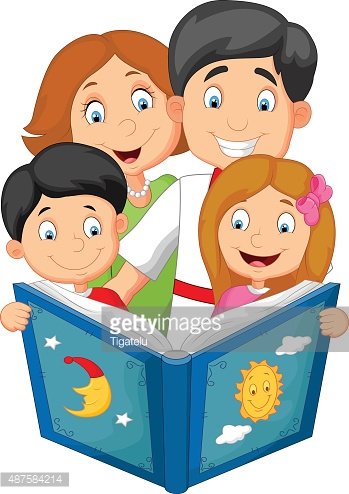 Happy family of four reading a colorful storybook together, smiling warmly.