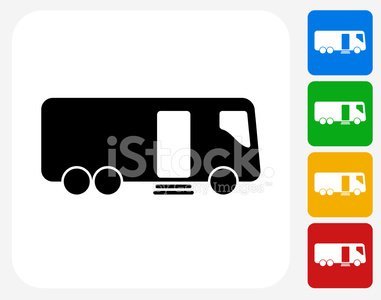 Black silhouette icon of a bus or coach with wheels, door, and window; four colored variants on right (blue, green, yellow, red).