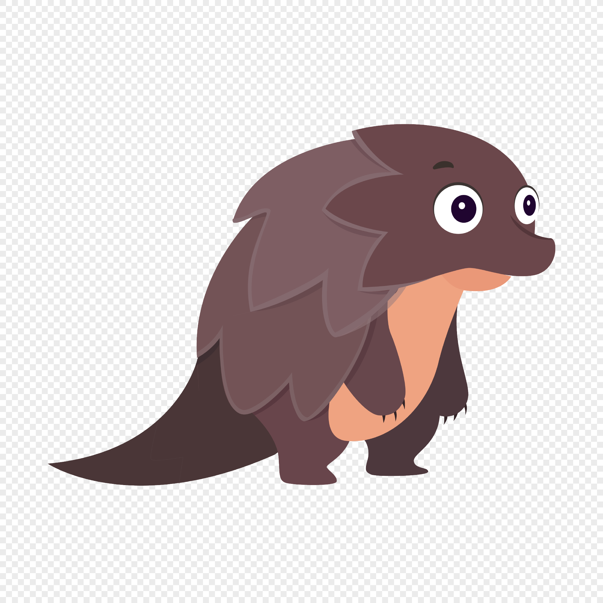 Cute cartoon pangolin with large eyes, brown scales, and a peach-colored belly, standing sideways on transparent background.