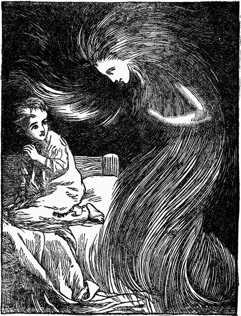 A frightened child sits in bed as a spectral woman with long flowing hair looms over them in a dark, eerie scene.