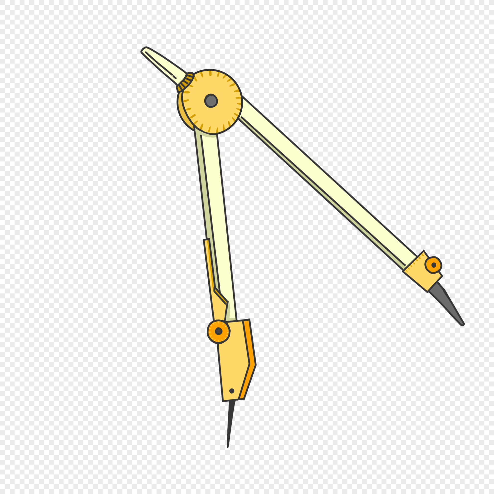 Illustrated yellow and cream drafting compass with adjustable arms and metal points on transparent background.