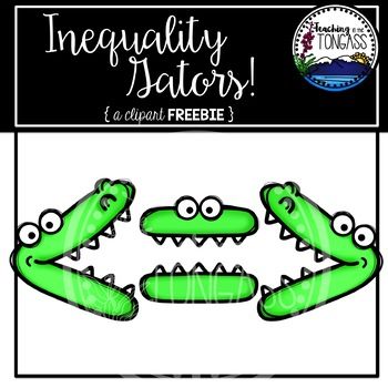 Three green cartoon alligators with open mouths illustrating inequality symbols (<, >, ≠) for math education.