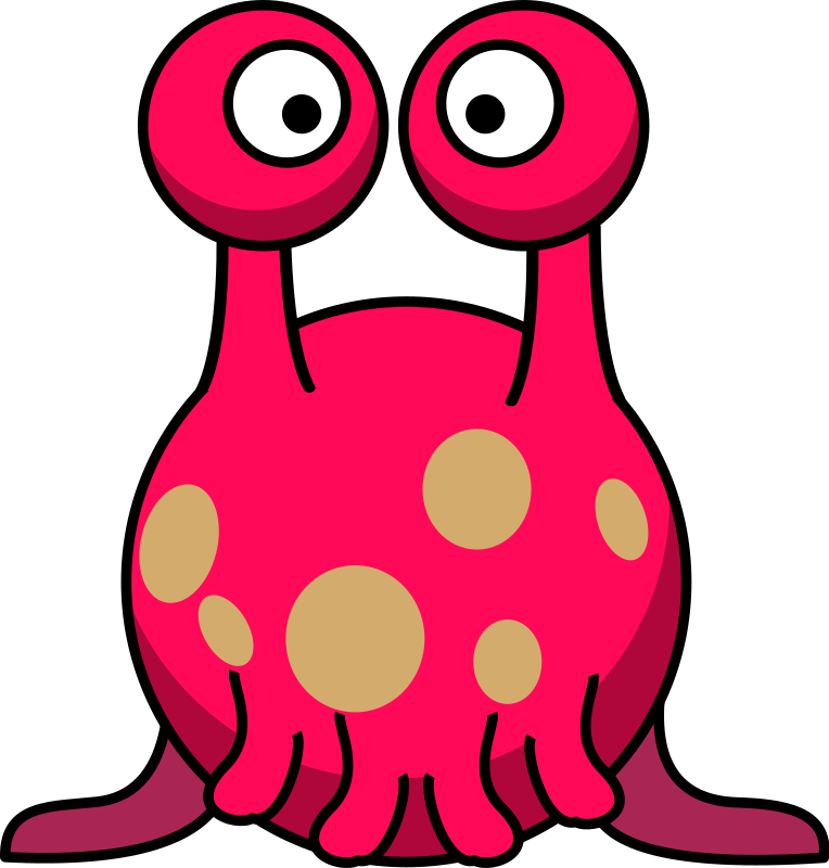 Bright pink cartoon alien with large eyes, tan spots, and tentacle-like limbs on black background.
