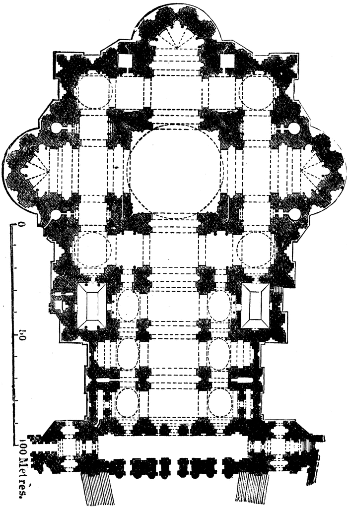 Architectural floor plan of a large Byzantine-style church with central dome, radiating chapels, and symmetrical layout.