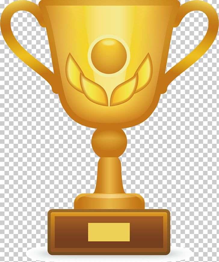 Golden trophy cup with laurel wreath design and blank plaque base, symbolizing achievement and excellence.